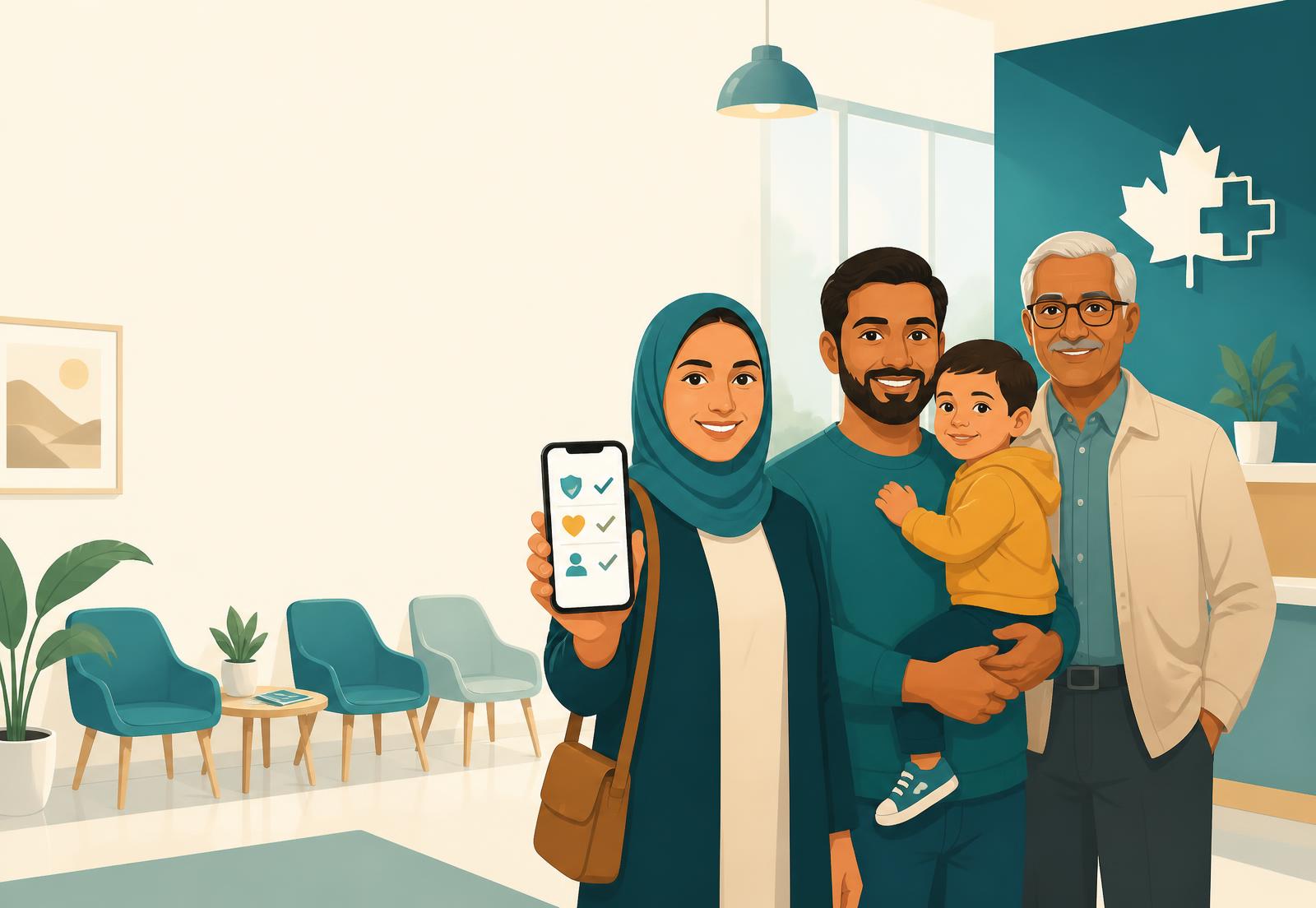 People of different backgrounds waiting calmly in a clinic, one holding a phone with a checklist